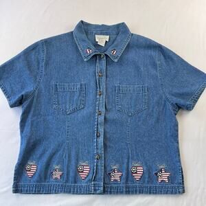 Christopher & Banks Denim Button Down Shirt Stars Stripes Hearts Size Large Flag